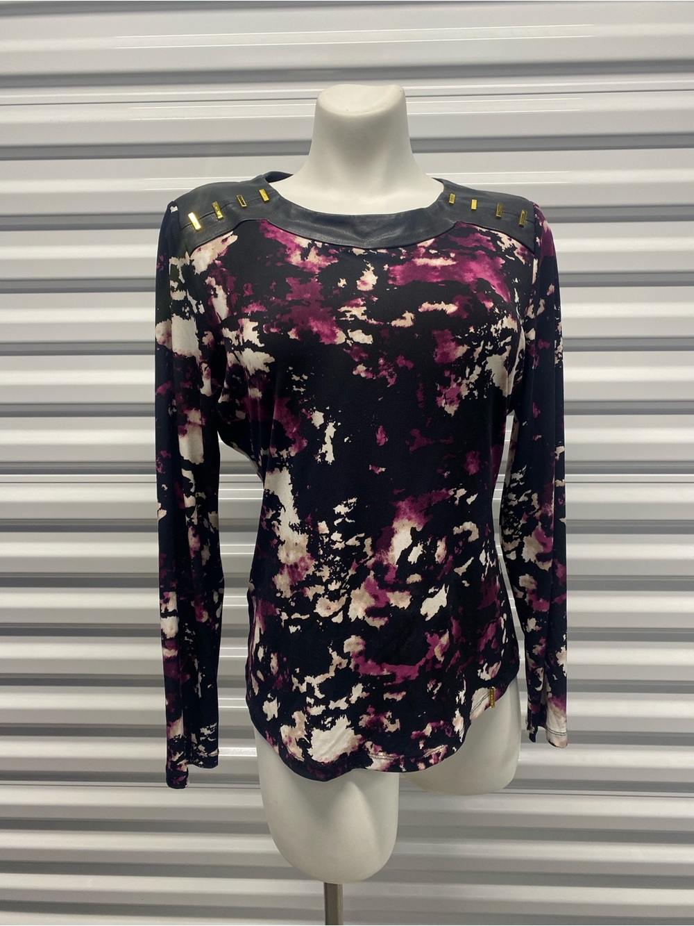 Calvin Klein Black Plum & Cream Long-Sleeve Abstract Print Top
